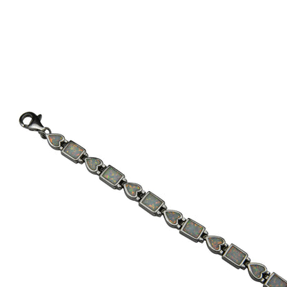 Sterling Silver White Lab Opal Square & Heart Tennis Bracelet