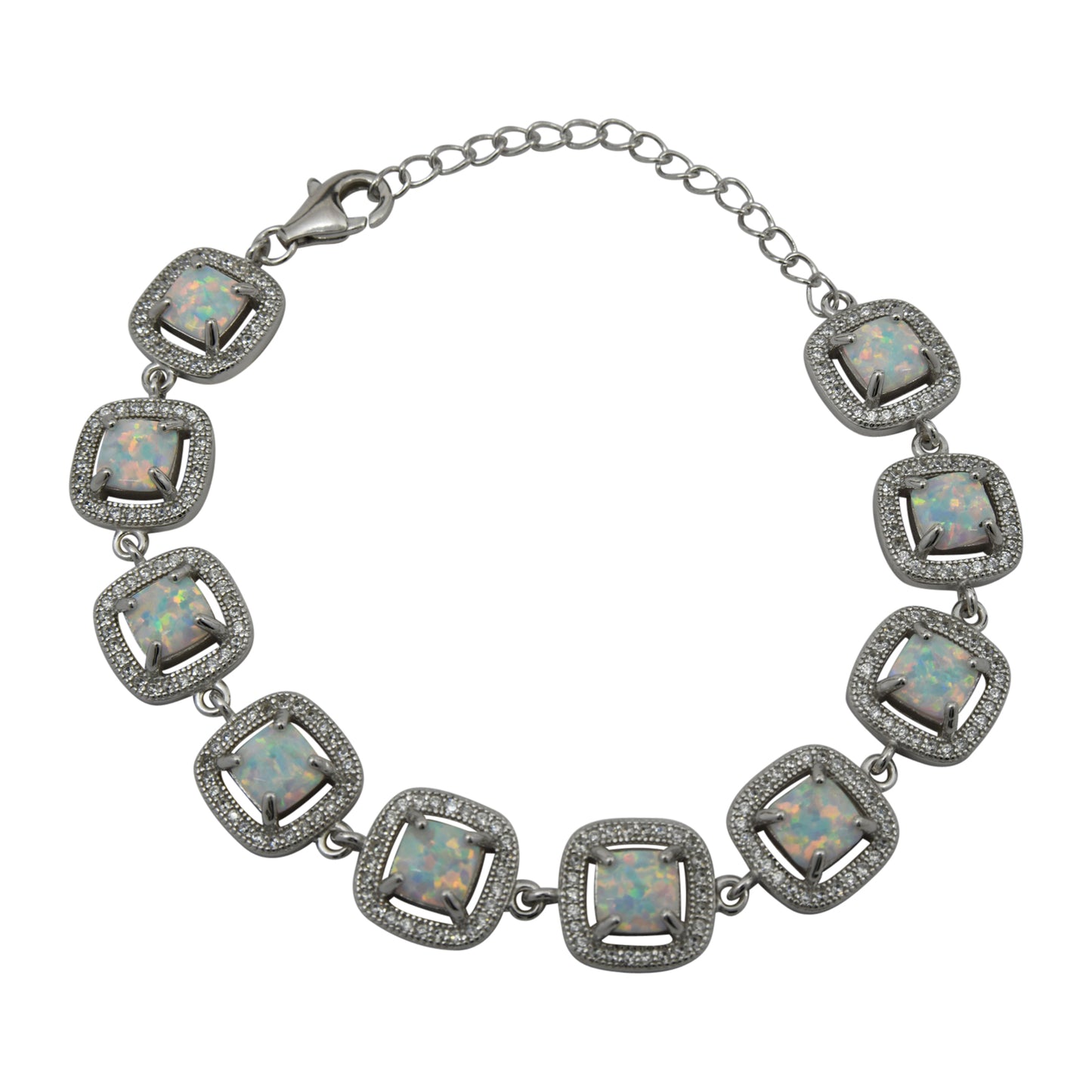 Sterling Silver White Lab Opal & CZ Square Link Tennis Bracelet