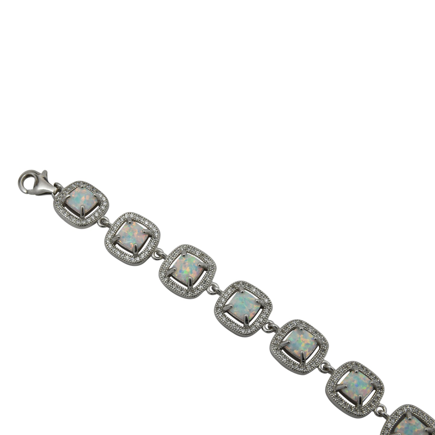 Sterling Silver White Lab Opal & CZ Square Link Tennis Bracelet
