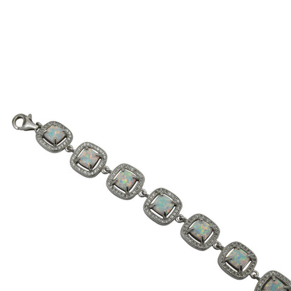 Sterling Silver White Lab Opal & CZ Square Link Tennis Bracelet
