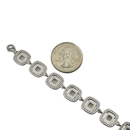 Sterling Silver White Lab Opal & CZ Square Link Tennis Bracelet