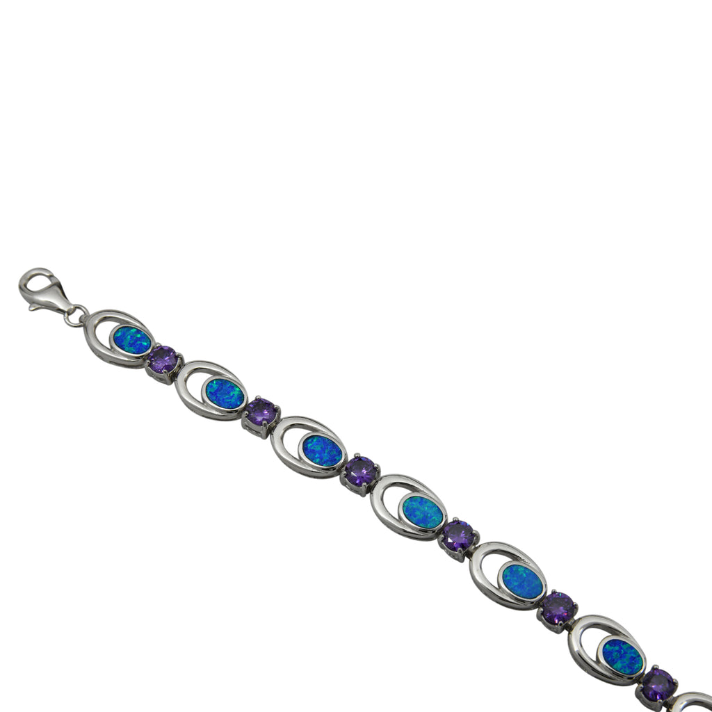 Sterling Silver Blue Lab Opal Purple CZ Link Tennis Bracelet