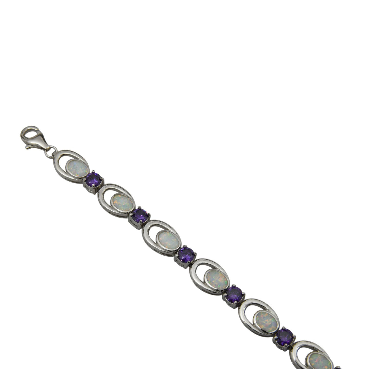 Sterling Silver White Lab Opal Purple CZ Link Tennis Bracelet