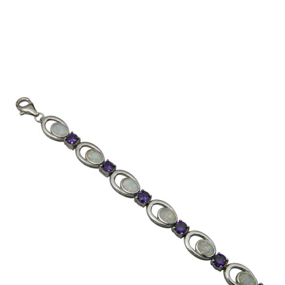 Sterling Silver White Lab Opal Purple CZ Link Tennis Bracelet