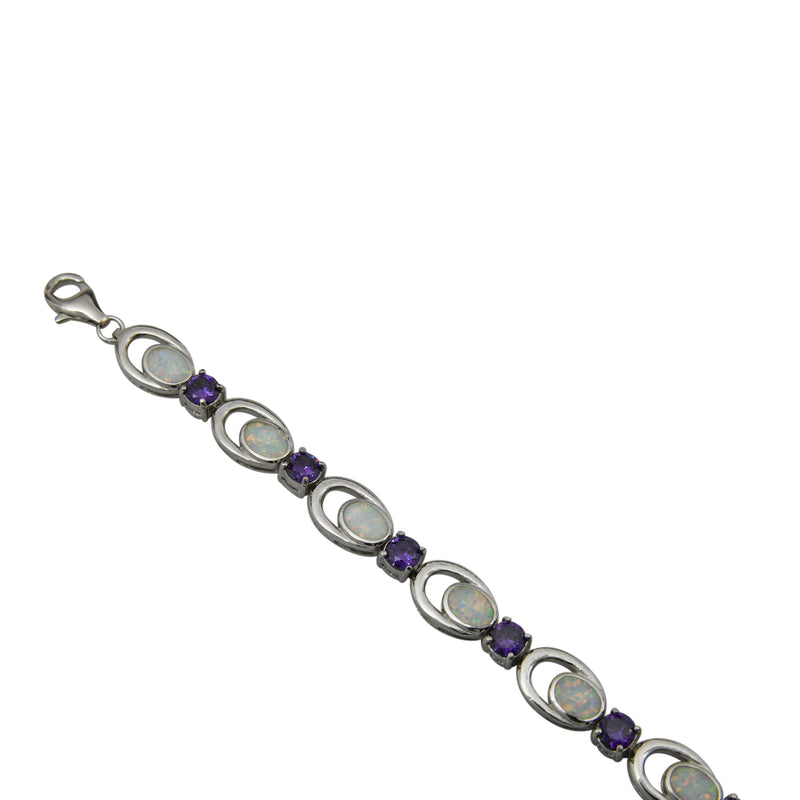 Sterling Silver White Lab Opal Purple CZ Link Tennis Bracelet