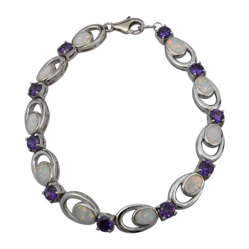 Sterling Silver White Lab Opal Purple CZ Link Tennis Bracelet