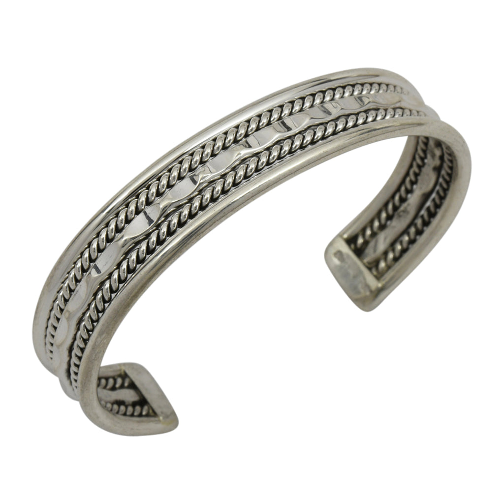 Elaine Tahe Sterling Silver Navajo 2 Rope & D/C Bar 12mm Bracelet
