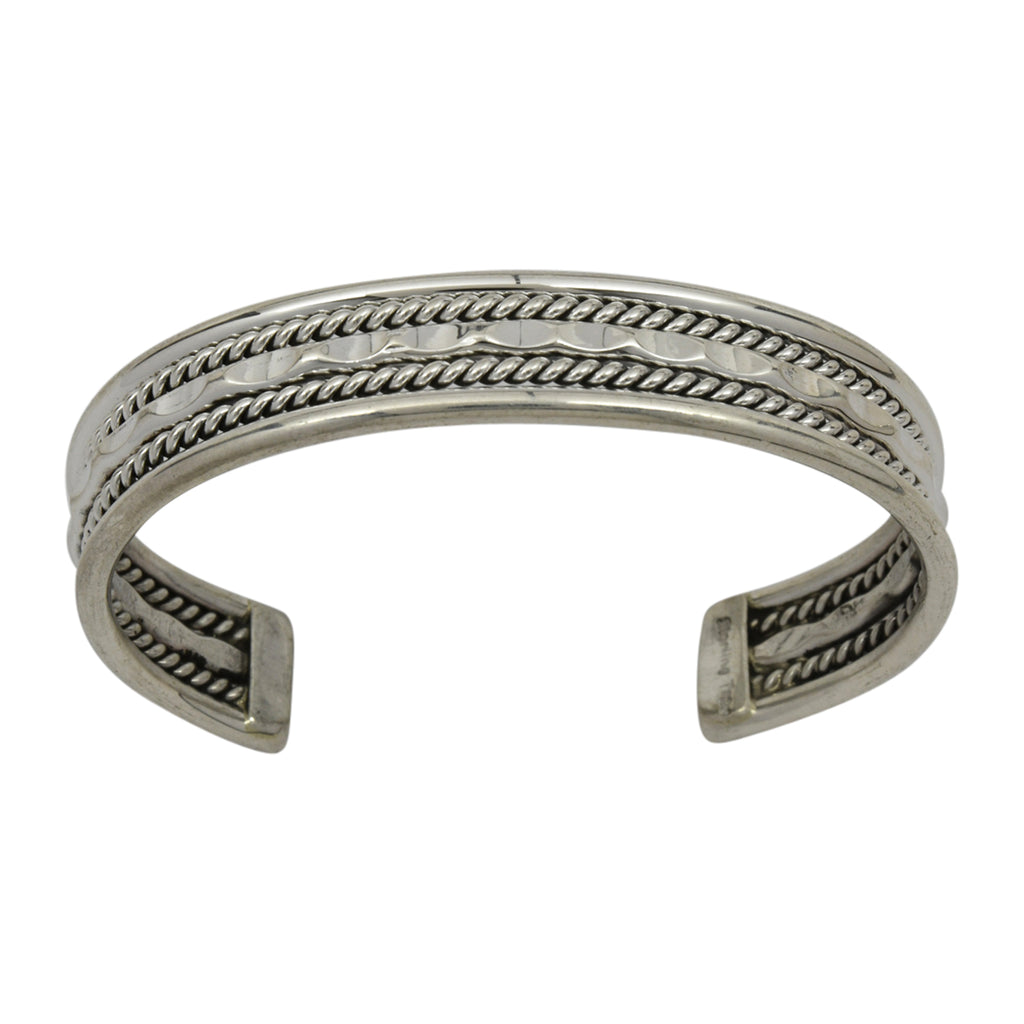 Elaine Tahe Sterling Silver Navajo 2 Rope & D/C Bar 12mm Bracelet
