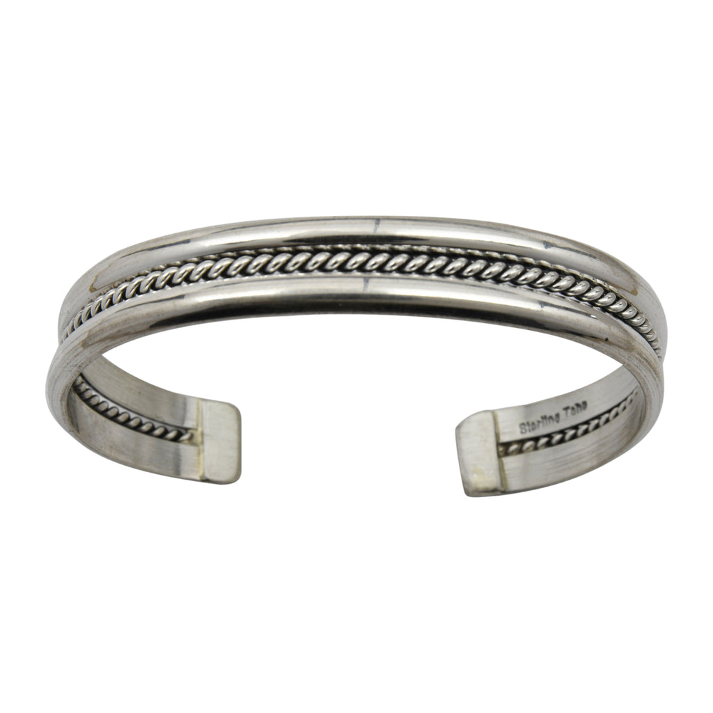 Elaine Tahe Sterling Silver Navajo 2 Bar, 1 Rope 3/8" Bracelet