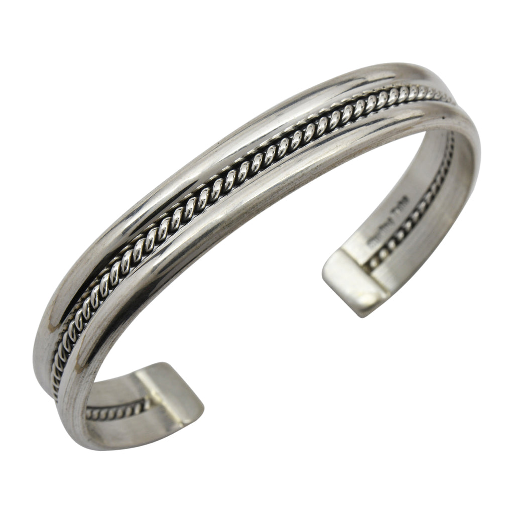 Elaine Tahe Sterling Silver Navajo 2 Bar, 1 Rope 3/8" Bracelet