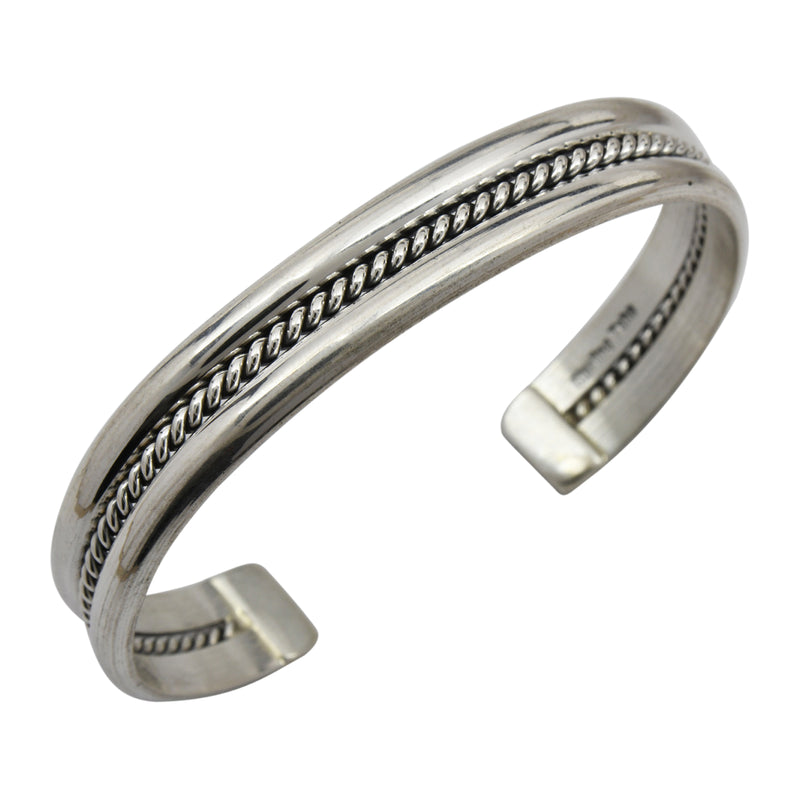 Elaine Tahe Sterling Silver Navajo 2 Bar, 1 Rope 3/8" Bracelet