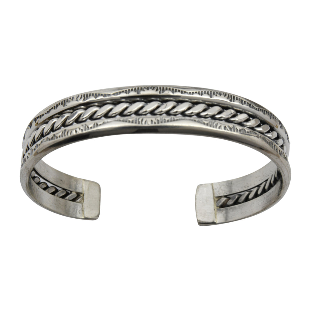 Elaine Tahe Sterling Silver Navajo 2 Half-Round Flat Rope 7/16" Bracelet