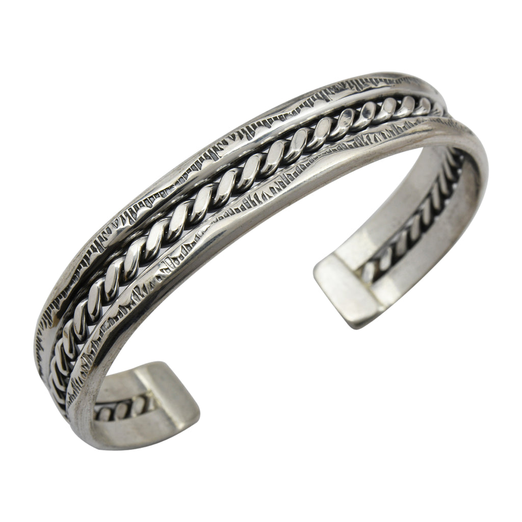 Elaine Tahe Sterling Silver Navajo 2 Half-Round Flat Rope 7/16" Bracelet