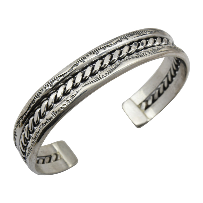 Elaine Tahe Sterling Silver Navajo 2 Half-Round Flat Rope 7/16" Bracelet