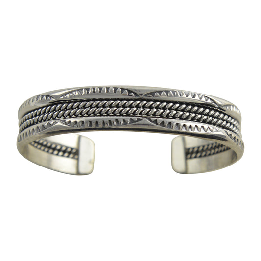 Elaine Tahe Sterling Silver Navajo 2 Rope Stamped 1/2" Bracelet