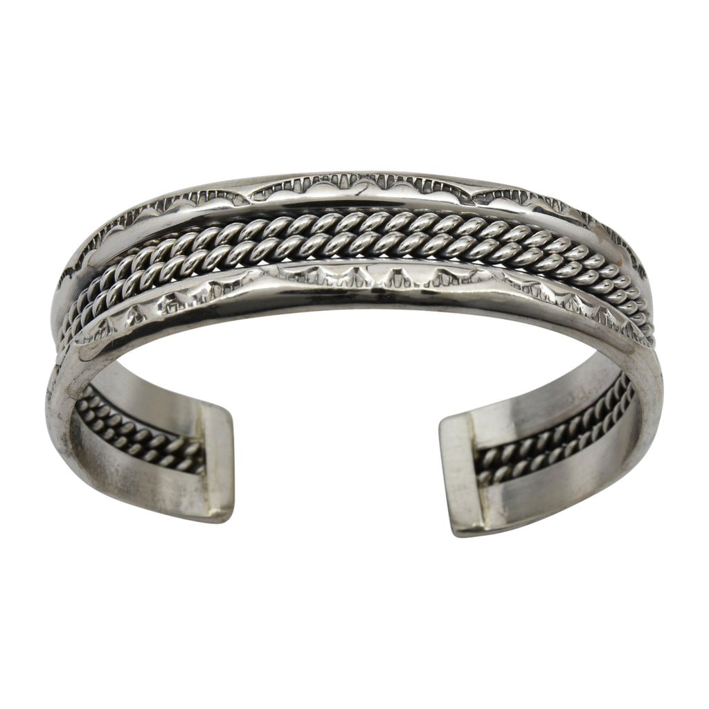 Elaine Tahe Sterling Silver Navajo 2 Rope Stamped 5/8" Bracelet