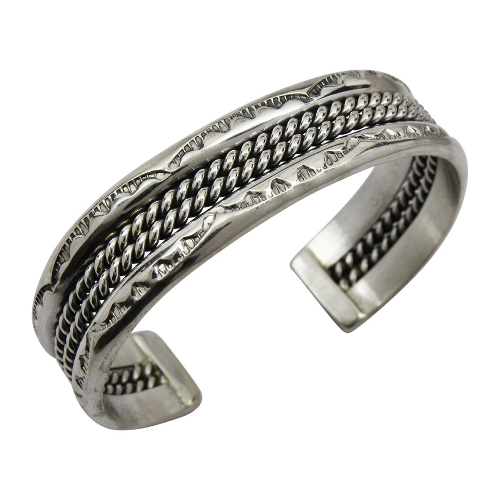 Elaine Tahe Sterling Silver Navajo 2 Rope Stamped 5/8" Bracelet