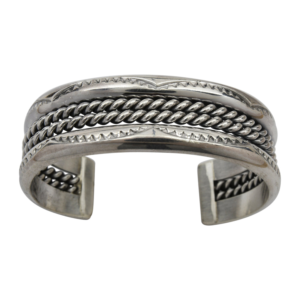 Elaine Tahe Sterling Silver Navajo 2 Rope Stamped 3/4" Bracelet