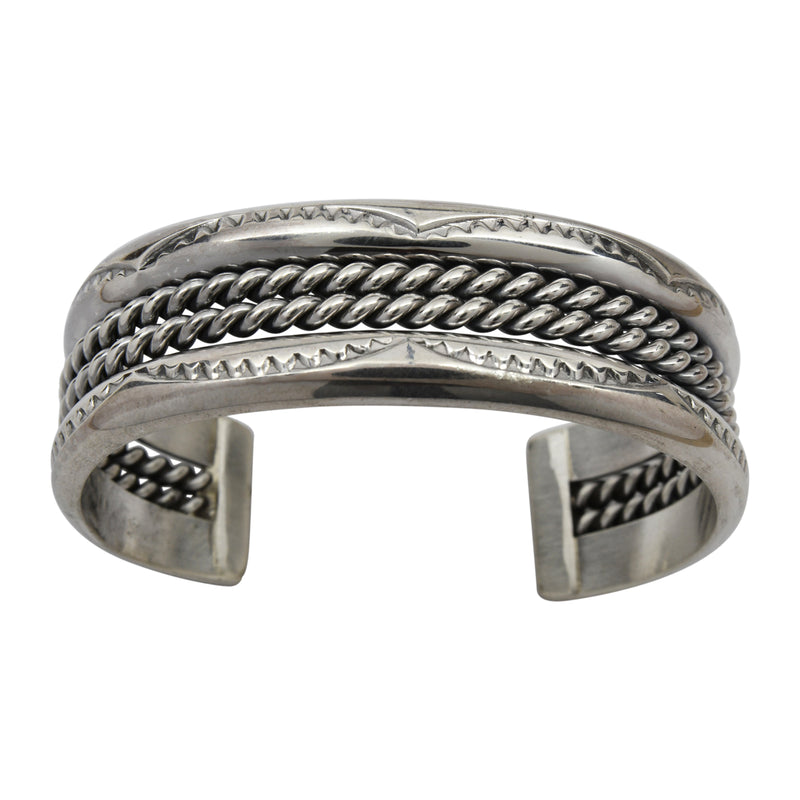 Elaine Tahe Sterling Silver Navajo 2 Rope Stamped 3/4" Bracelet