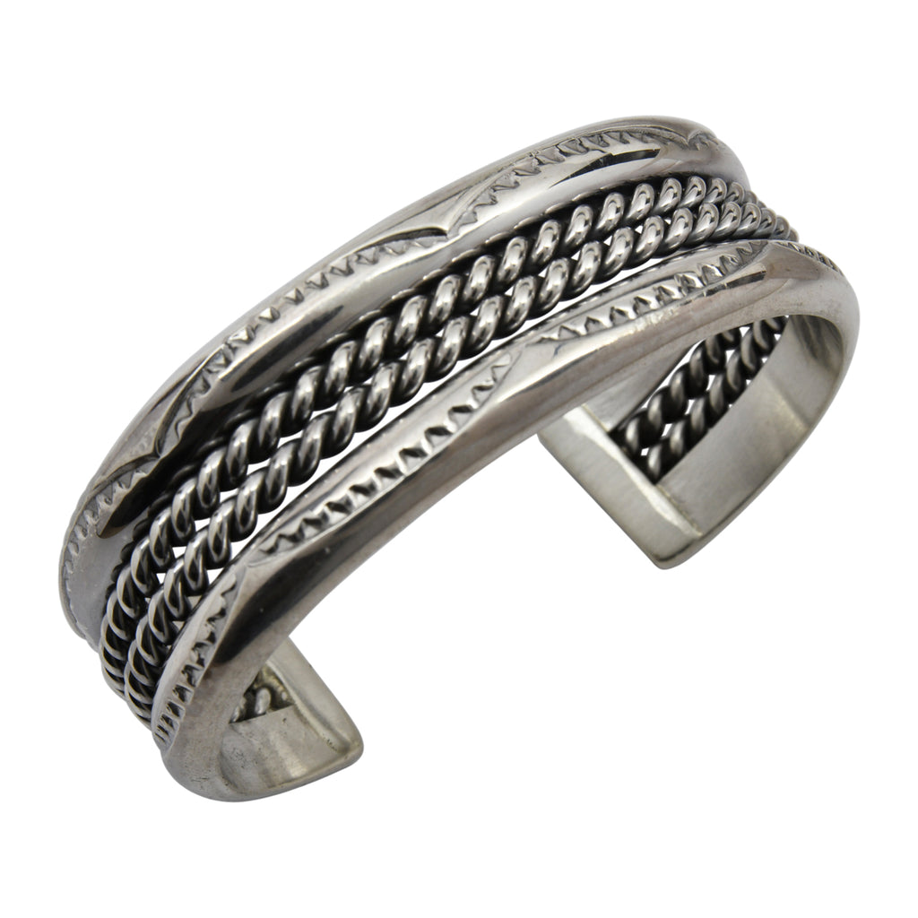 Elaine Tahe Sterling Silver Navajo 2 Rope Stamped 3/4" Bracelet