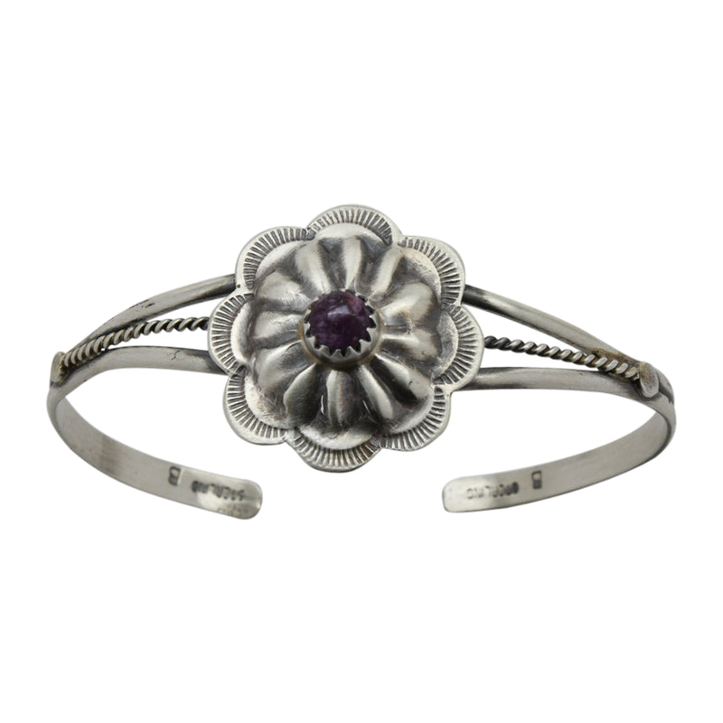Ryan & Joan Begay Sterling Silver Purple Spiny Oyster Small Round Concho Navajo Bracelet