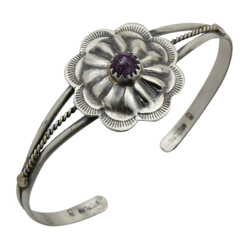 Ryan & Joan Begay Sterling Silver Purple Spiny Oyster Small Round Concho Navajo Bracelet