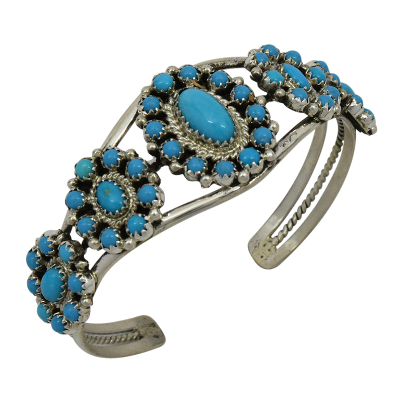 Nathaniel Curley Sterling Silver Turquoise 5 Cluster Navajo Cuff Bracelet