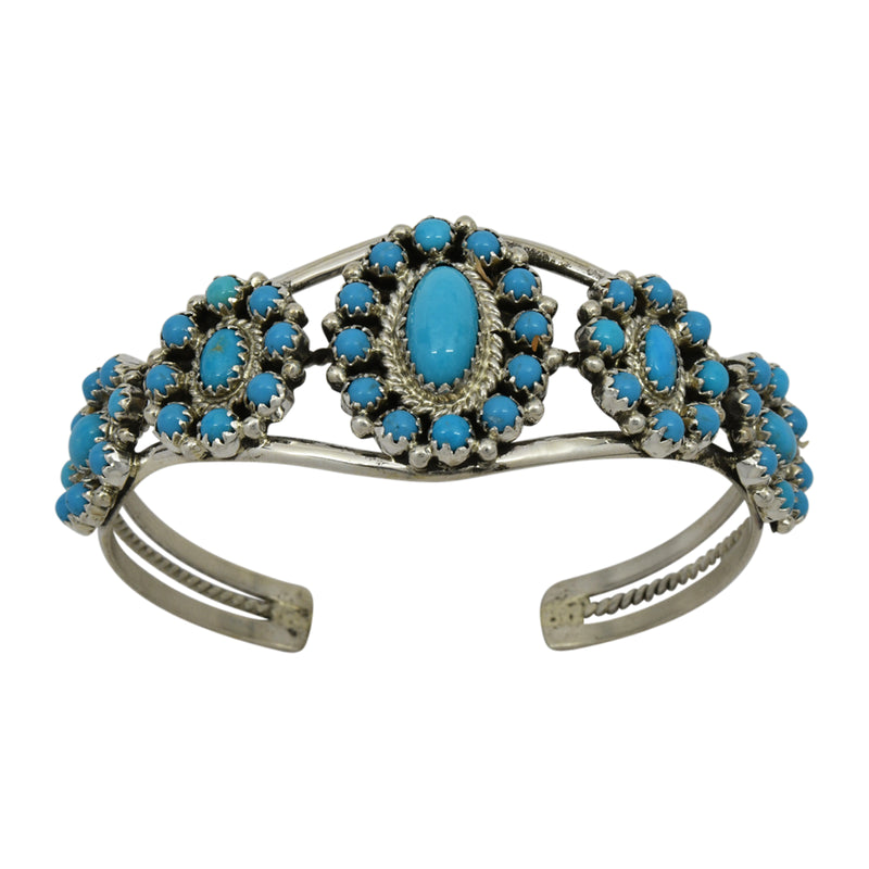 Nathaniel Curley Sterling Silver Turquoise 5 Cluster Navajo Cuff Bracelet