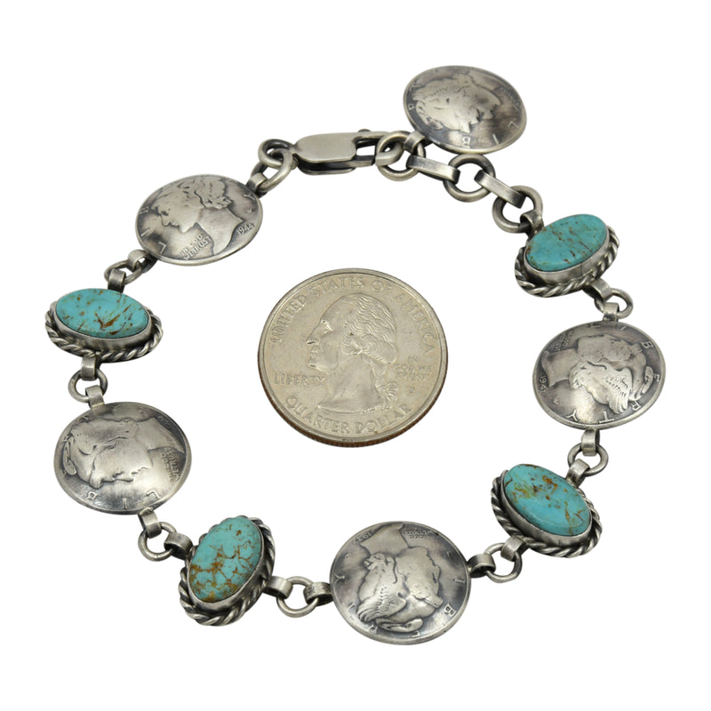 James McCabe Sterling Silver Turquoise & Mercury Dime Alternating Link Navajo Bracelet