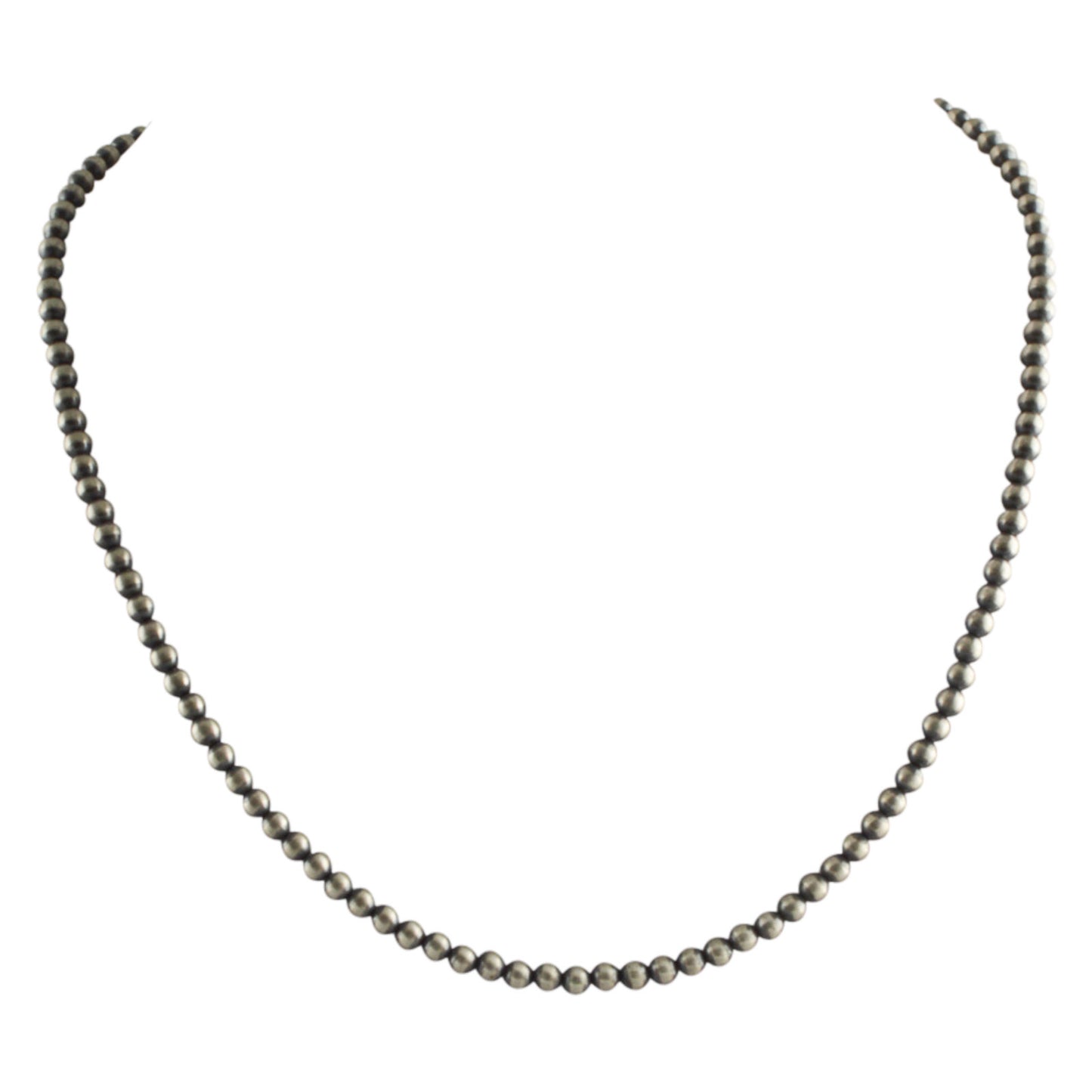 Sterling Silver Navajo Pearl 4mm Oxidize Round Bead Necklace. Available from 14" to 60"