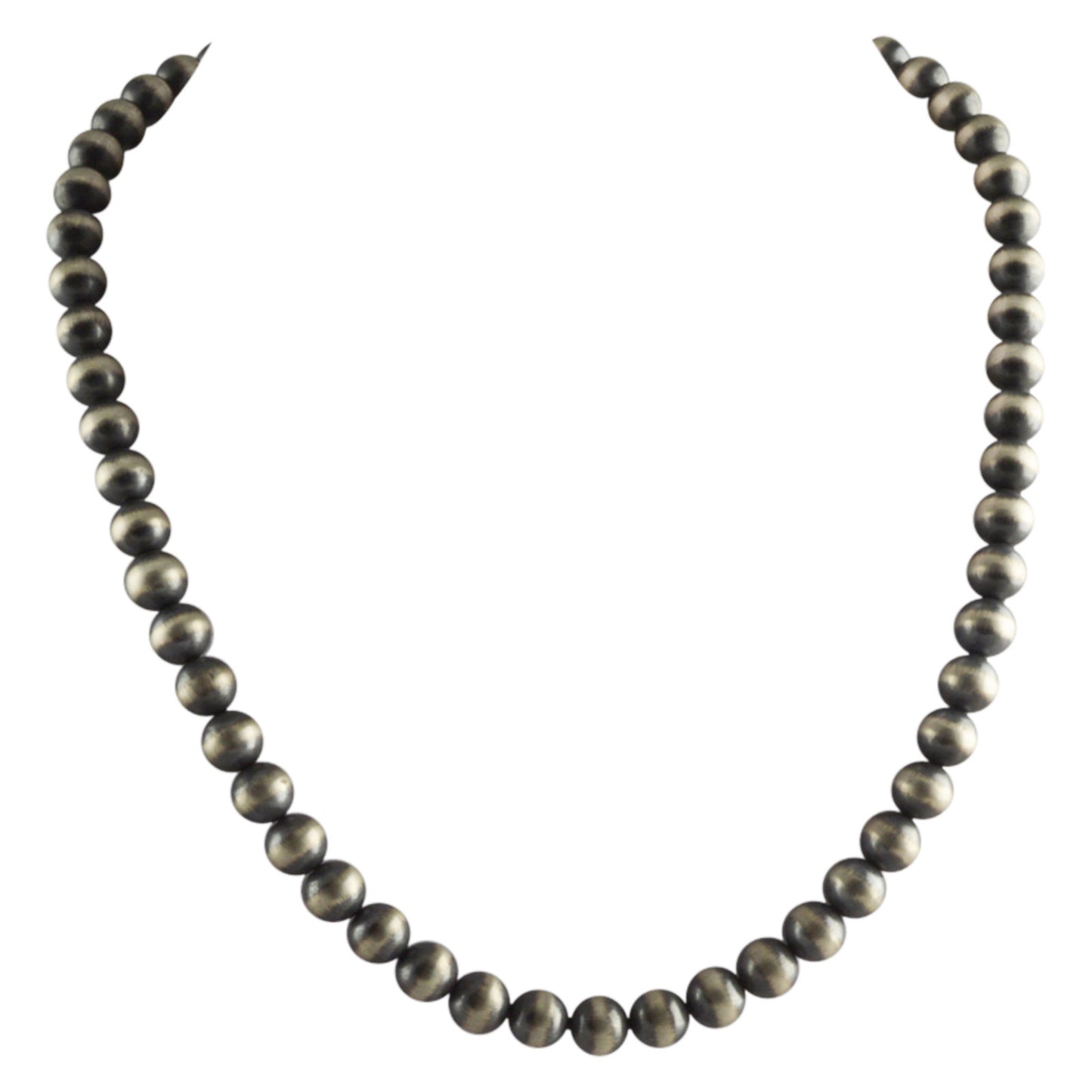 Sterling Silver Navajo Pearl 8mm Oxidize Round Bead Necklace. Available from 16" to 60"