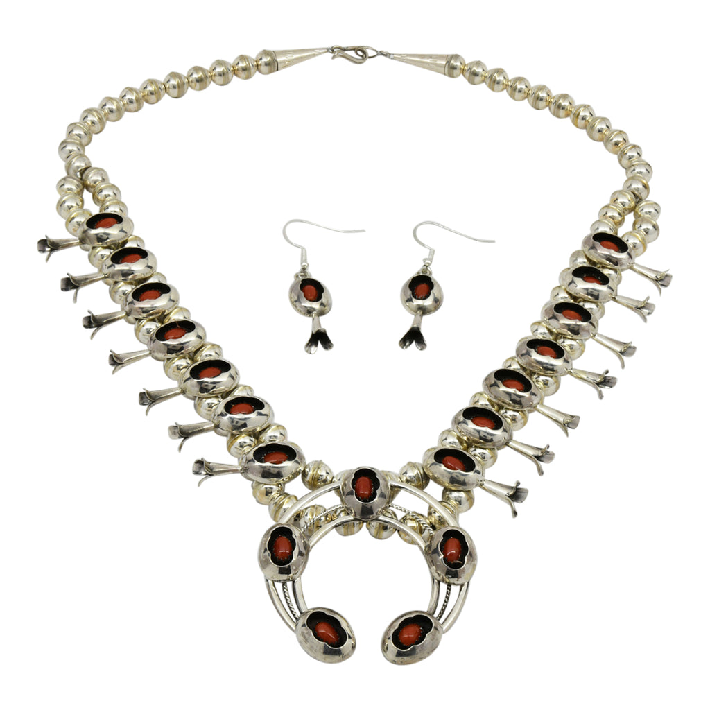 Phil Garcia Sterling Silver Navajo Coral Shadow Box Squash Blossom Necklace Earring Set
