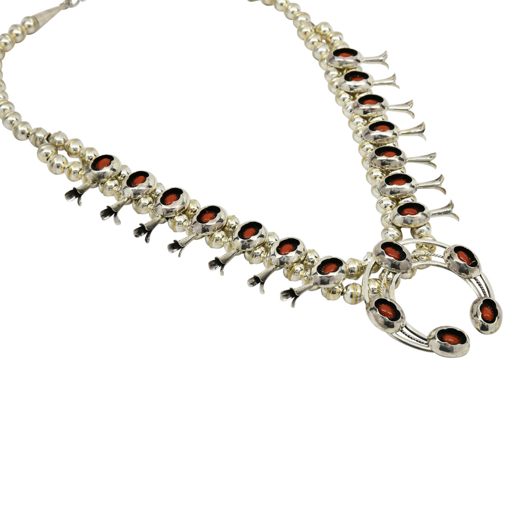 Phil Garcia Sterling Silver Navajo Coral Shadow Box Squash Blossom Necklace Earring Set