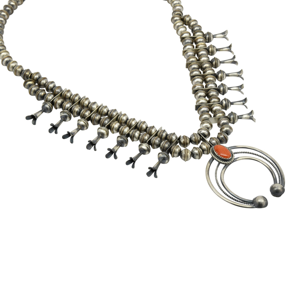 Phil Garcia Oxidized Sterling Silver Navajo Coral Squash Blossom Necklace Earring Set
