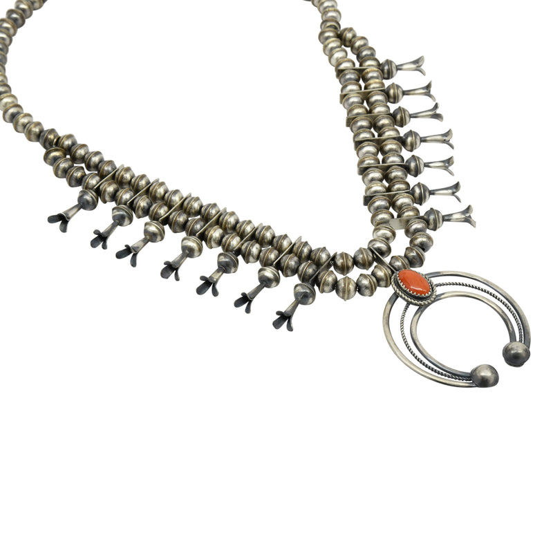 Phil Garcia Oxidized Sterling Silver Navajo Coral Squash Blossom Necklace Earring Set