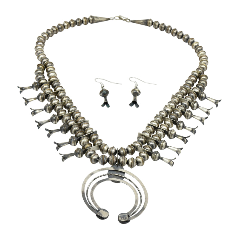 Phil Garcia Oxidized Sterling Silver Navajo Coral Squash Blossom Necklace Earring Set