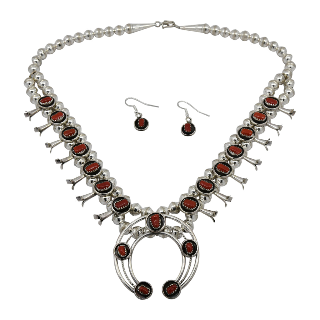 Phil & Lenora Garcia Sterling Silver Coral Squash Blossom Navajo Necklace
