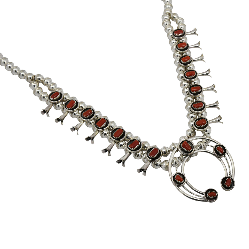 Phil & Lenora Garcia Sterling Silver Coral Squash Blossom Navajo Necklace