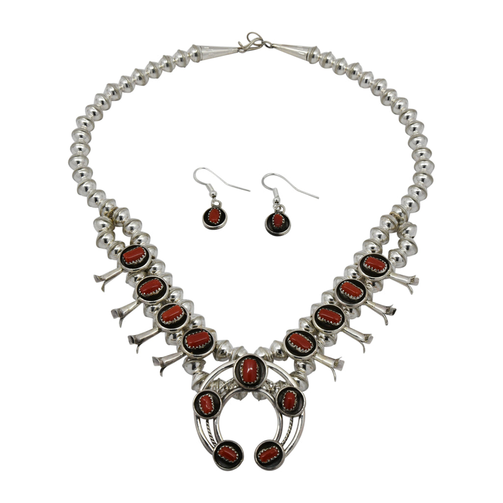 Phil & Lenora Garcia Sterling Silver Coral Short Squash Blossom Navajo Necklace