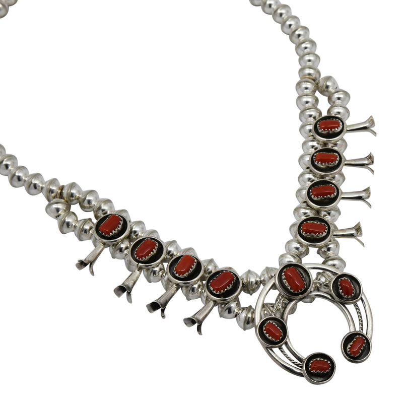 Phil & Lenora Garcia Sterling Silver Coral Short Squash Blossom Navajo Necklace