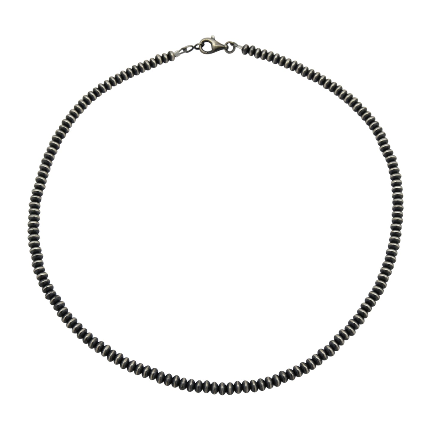 Sterling Silver Navajo Pearl 4.5mm Saucer Oxidized Bead Necklace. Available from 16" to 30"