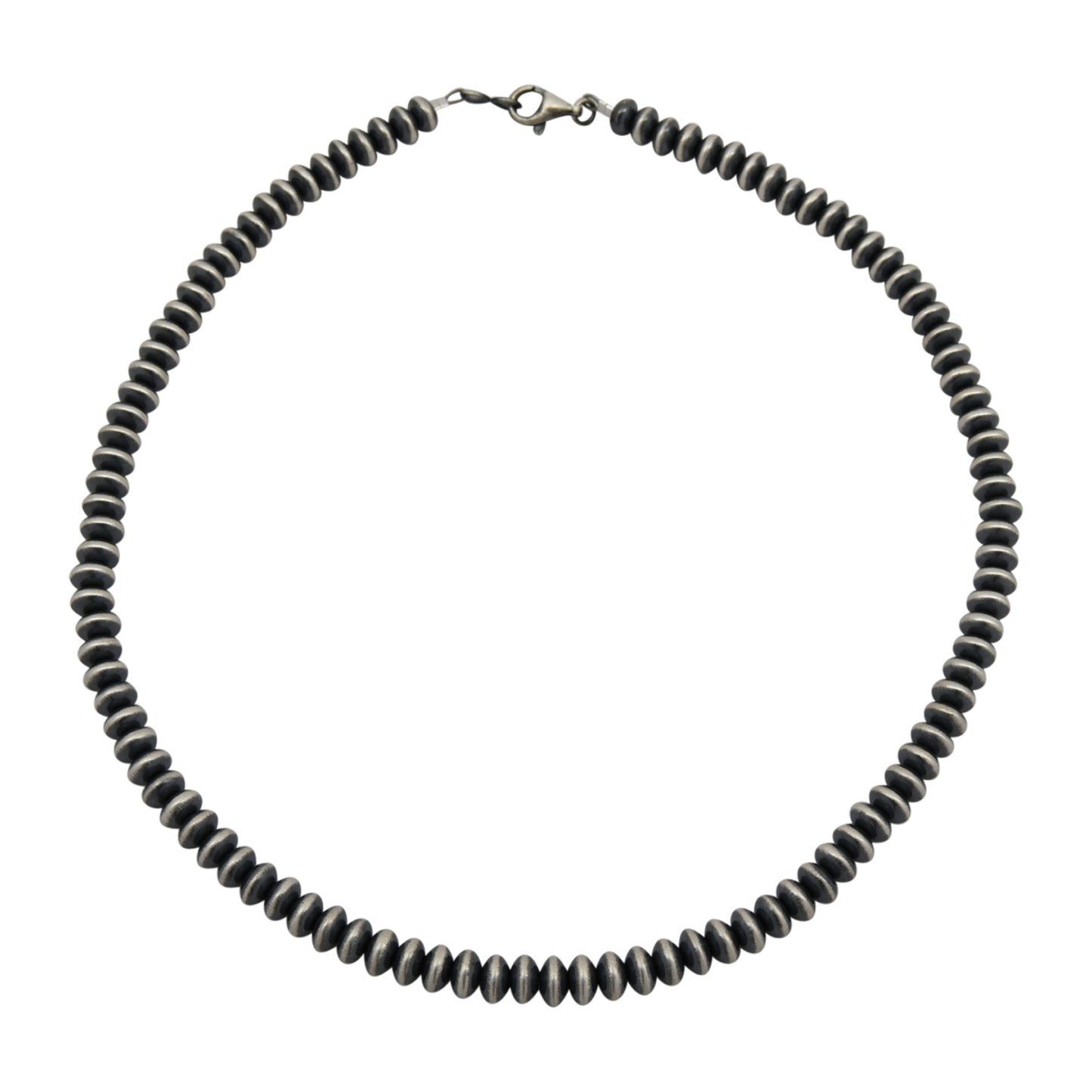 Sterling Silver Navajo Pearl 7mm Saucer Oxidized Bead Necklace. Available from 16" to 36"