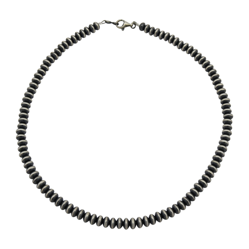 Sterling Silver Navajo Pearl 7mm Saucer Oxidized Bead Necklace. Available from 16" to 30"