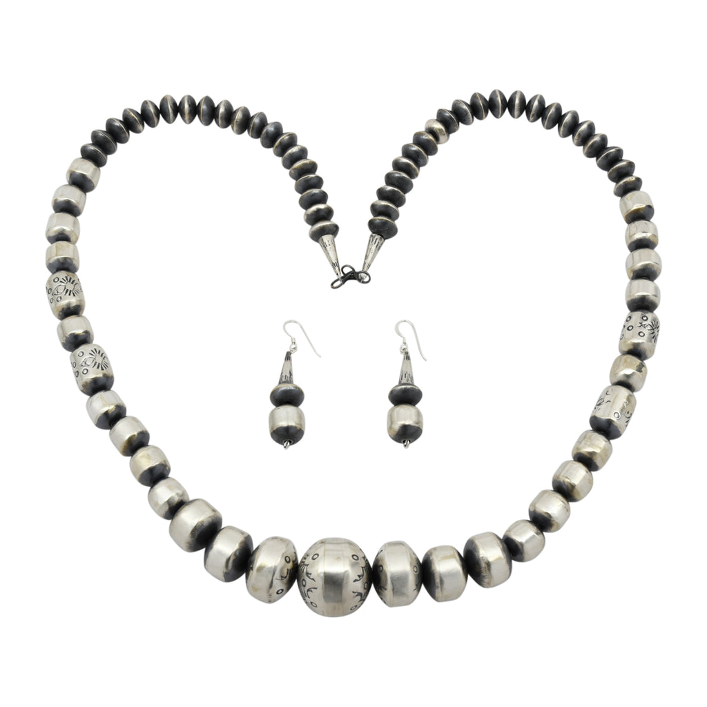 Sophia Becenti Sterling Silver Graduated Stamped Bead Navajo Necklace Earring Set