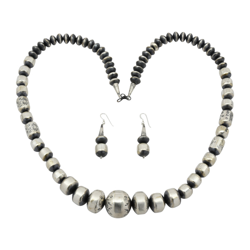 Sophia Becenti Sterling Silver Graduated Stamped Bead Navajo Necklace Earring Set