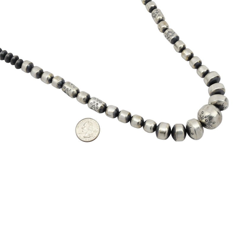 Sophia Becenti Sterling Silver Graduated Stamped Bead Navajo Necklace Earring Set