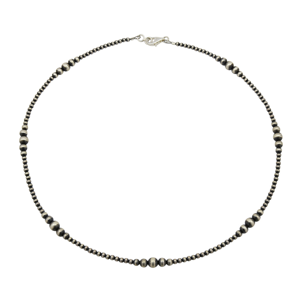 Sterling Silver Mixed Graduated Navajo Pearl Oxidized Bead Necklace. Available from 14" to 60"