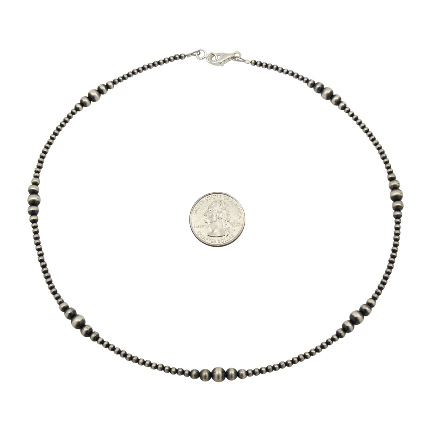 Sterling Silver Mixed Graduated Navajo Pearl Oxidized Bead Necklace. Available from 14" to 60"