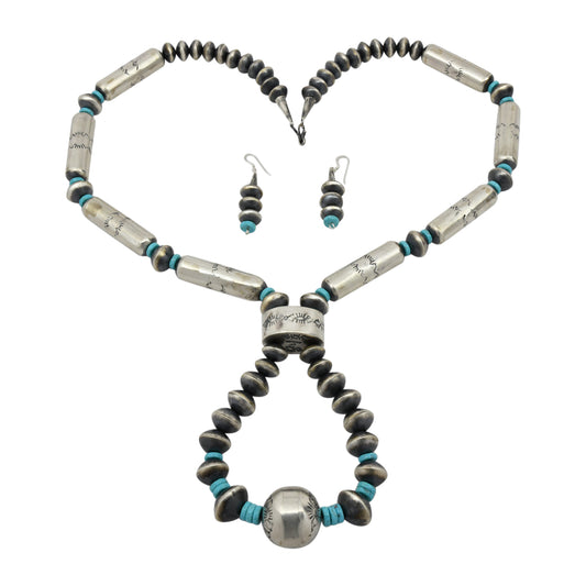 Sophia Becenti Sterling Silver Jacla Skinny Tube Turquoise Bead Navajo Necklace Earring Set