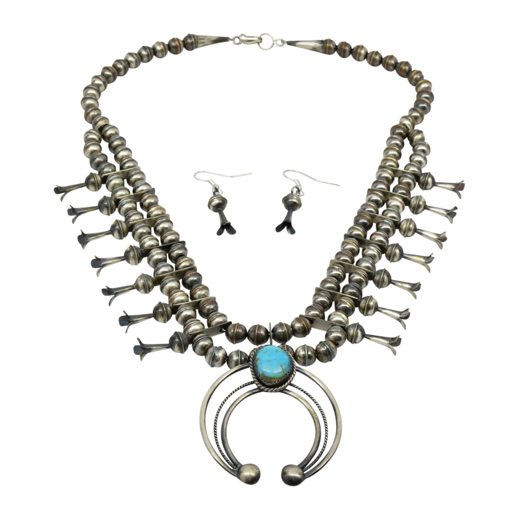 Phil Garcia Oxidized Sterling Silver Navajo Blue Turquoise Squash Blossom Necklace Earring Set